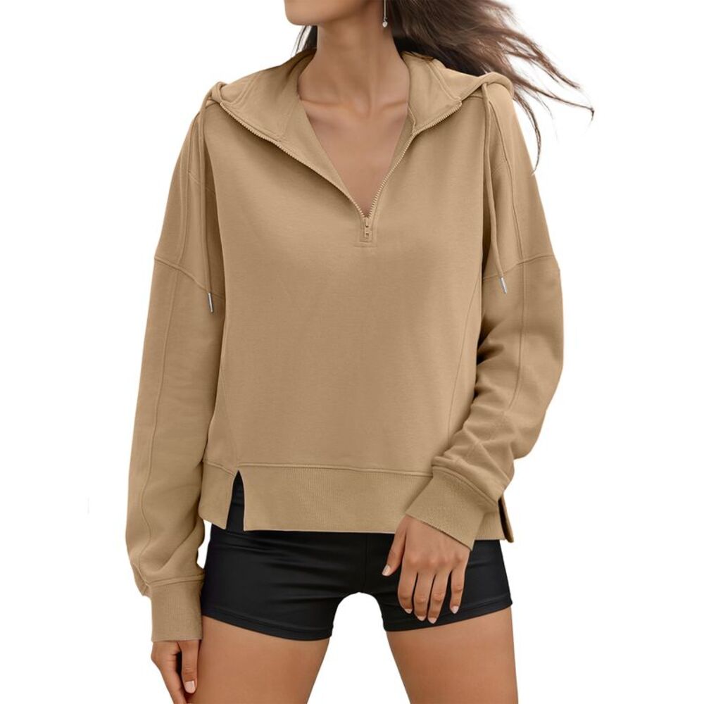 Womens Oversized Cropped Long Sleeve Half Zip Up Fall Hoodie Top Khaki